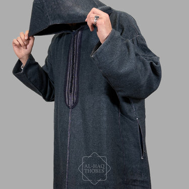 Luxury Steel Blue Hooded Moroccan Thobe