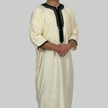 Luxury Cream & Green Zipped Moroccan Gandoura